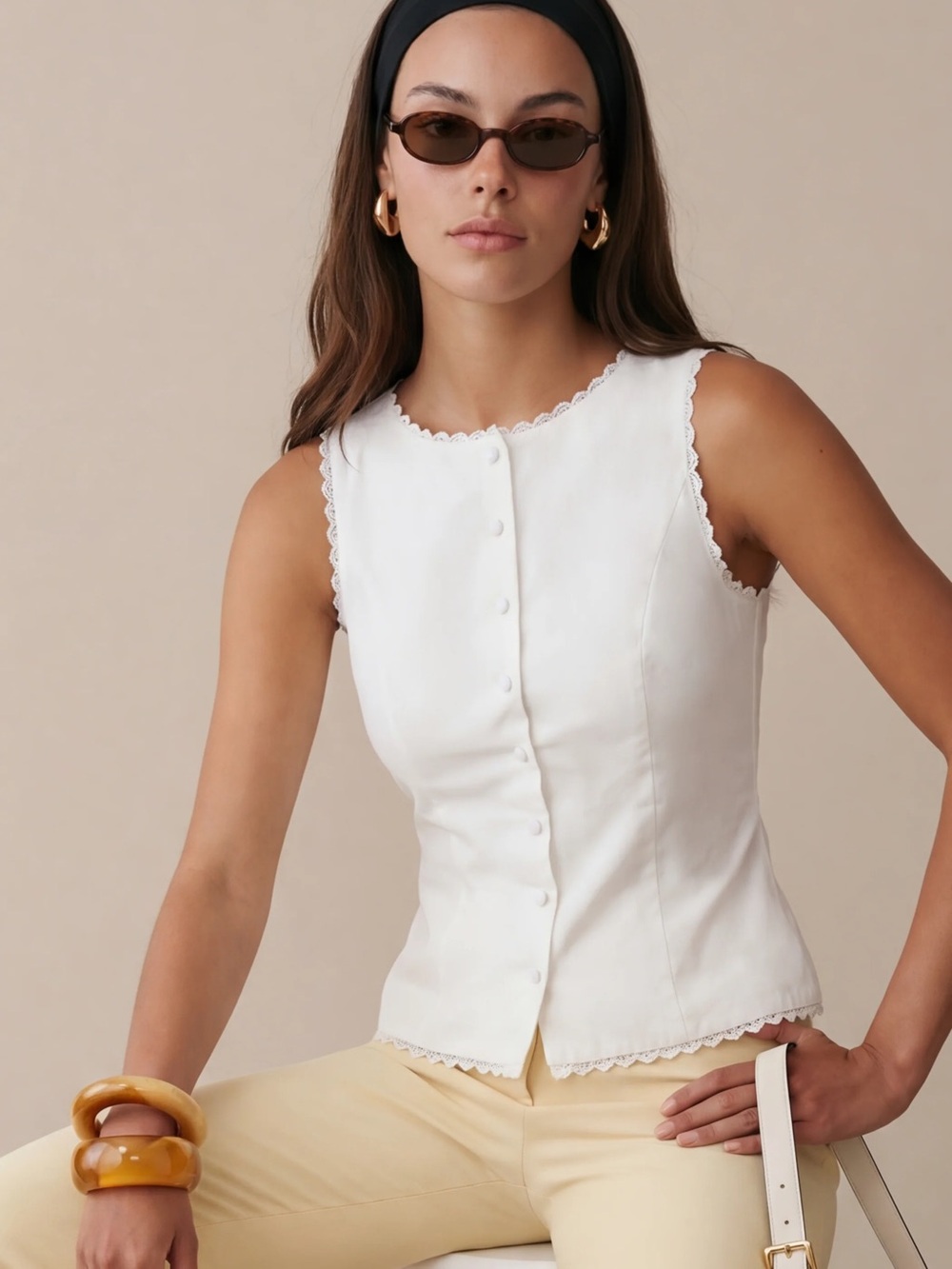 Sleeveless White Button-Front Top with Lace Trim - Picture 4 of 12